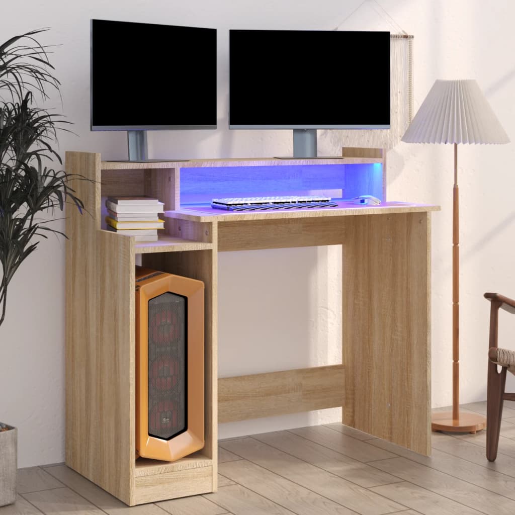 Secretária c/ LED 97x45x90cm derivados madeira branco brilhante