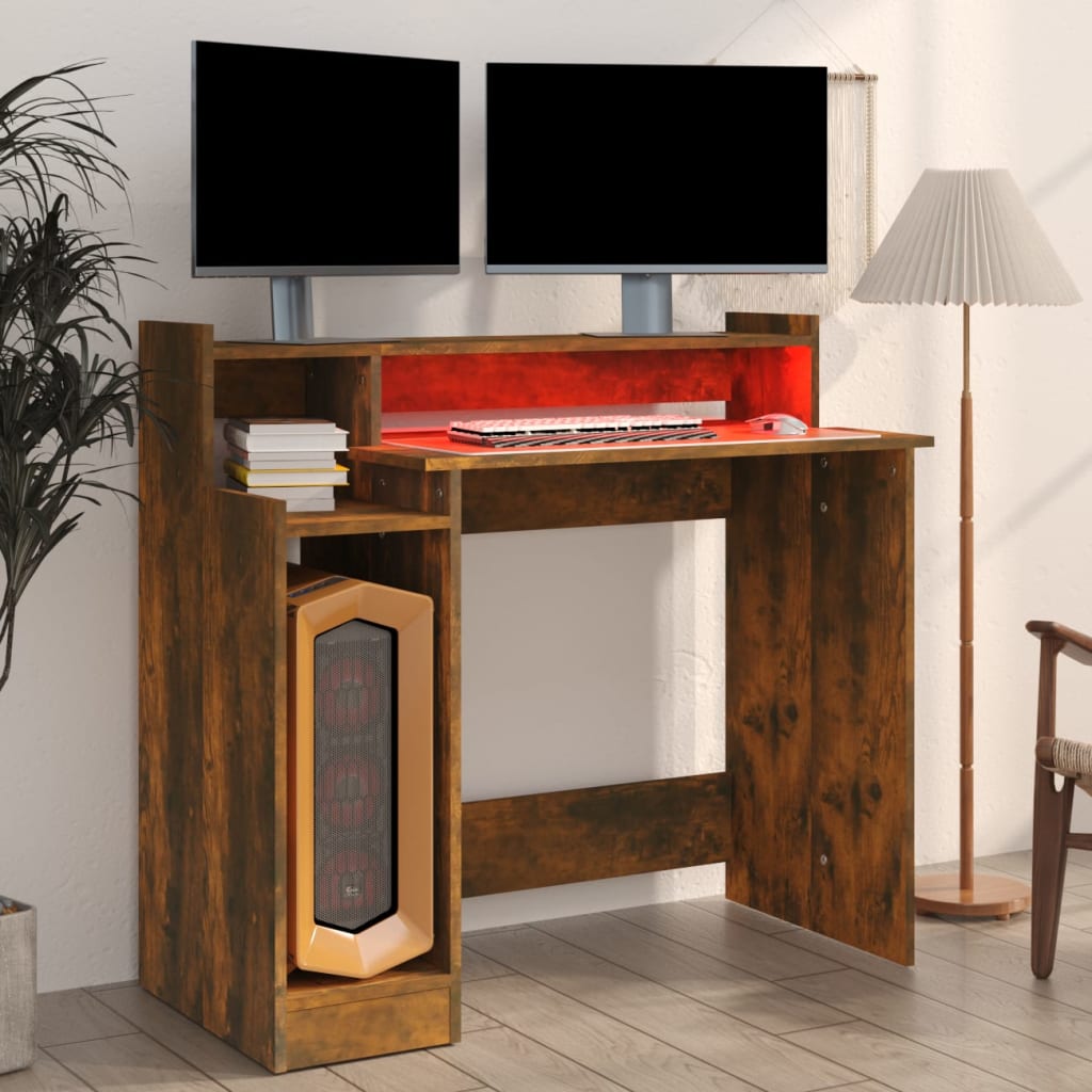 Secretária c/ LED 97x45x90cm derivados madeira branco brilhante