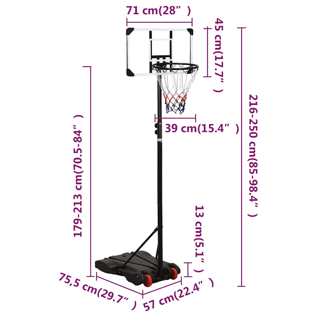 Tabela de basquetebol 216-250 cm policarbonato transparente