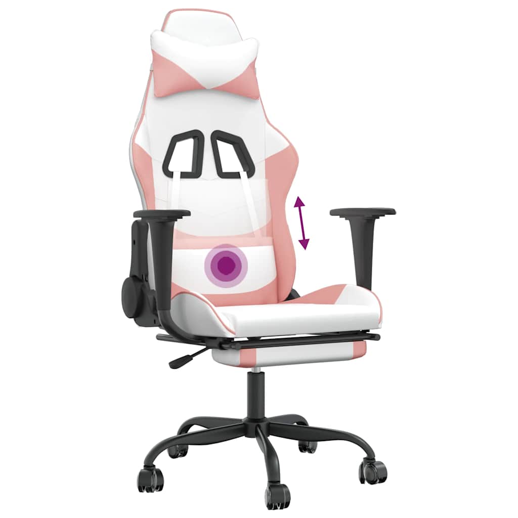 Cadeira gaming massagens c/ apoio pés couro artif. branco/rosa