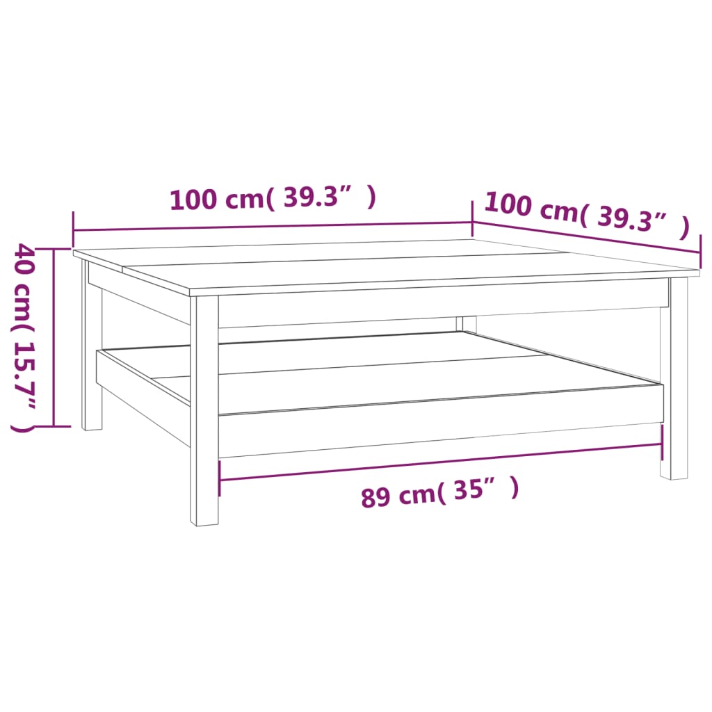 Mesa de centro branca 100x100x40 cm madeira maciça pinho