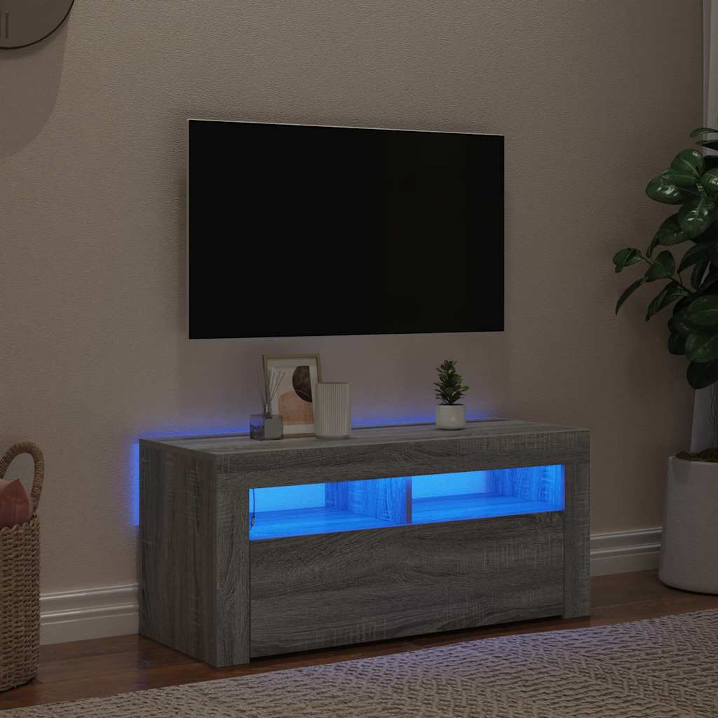 Móvel de TV com luzes LED 90x35x40 cm cinzento sonoma