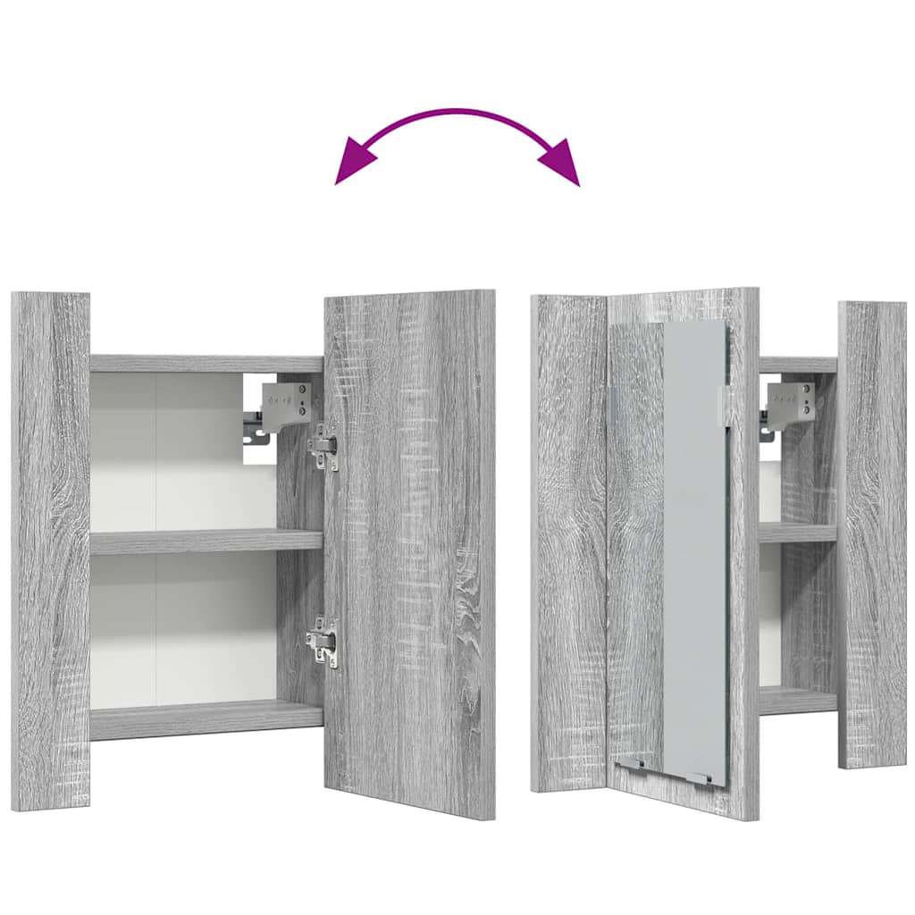 Armário WC c/ espelho/luzes LED derivados madeira cinza sonoma