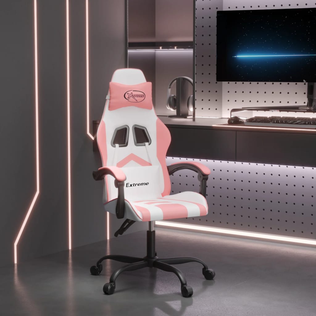 Cadeira gaming giratória couro artificial branco e rosa
