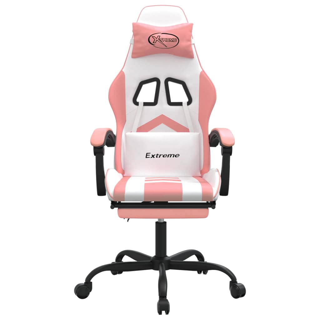 Cadeira gaming giratória c/ apoio pés couro artif. branco/rosa