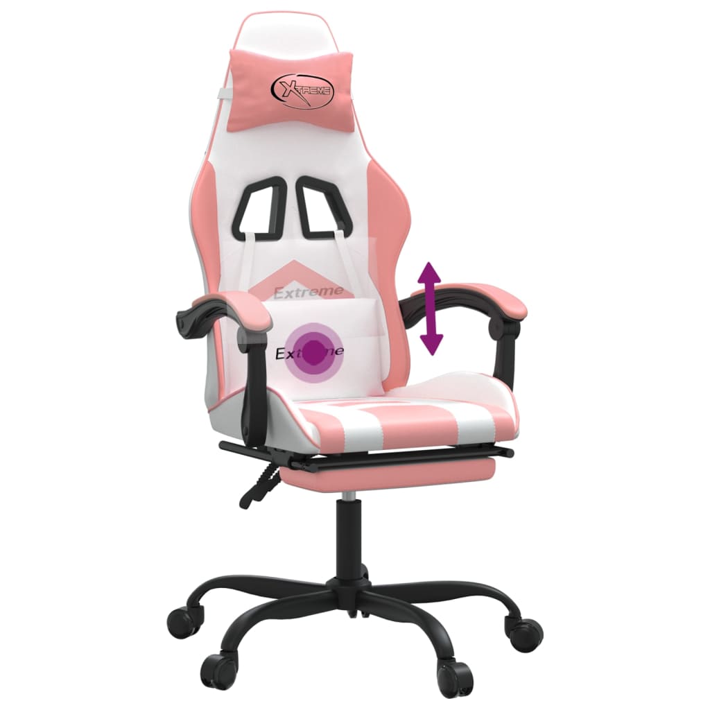 Cadeira gaming giratória c/ apoio pés couro artif. branco/rosa