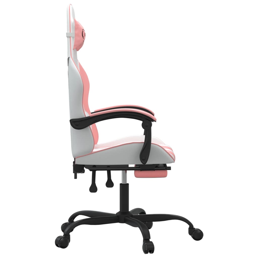 Cadeira gaming giratória c/ apoio pés couro artif. branco/rosa
