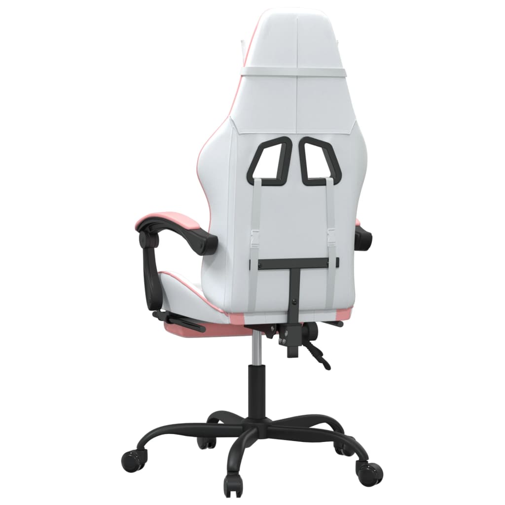 Cadeira gaming giratória c/ apoio pés couro artif. branco/rosa