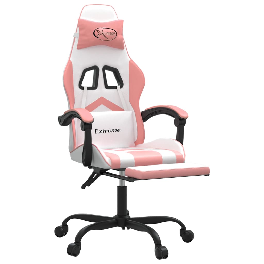 Cadeira gaming giratória c/ apoio pés couro artif. branco/rosa