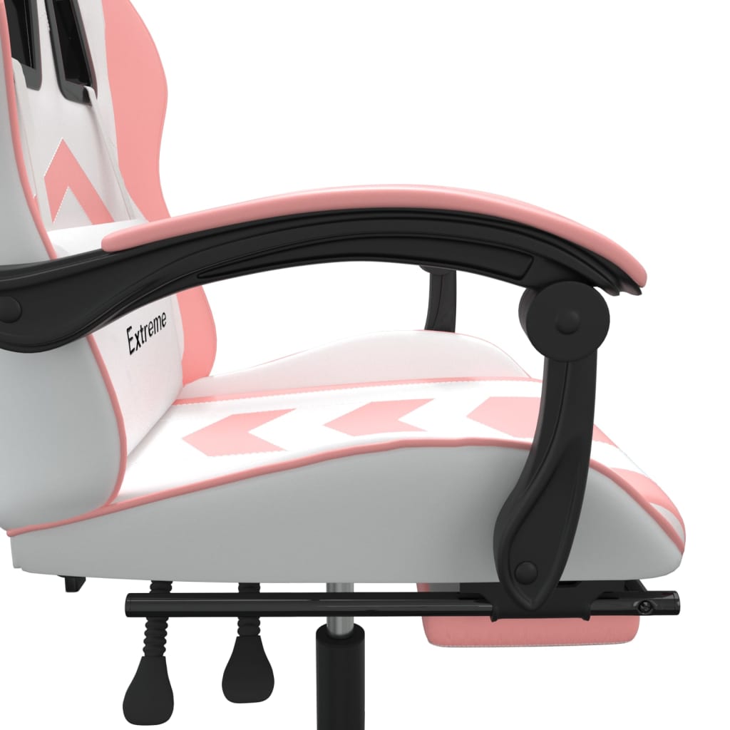Cadeira gaming giratória c/ apoio pés couro artif. branco/rosa