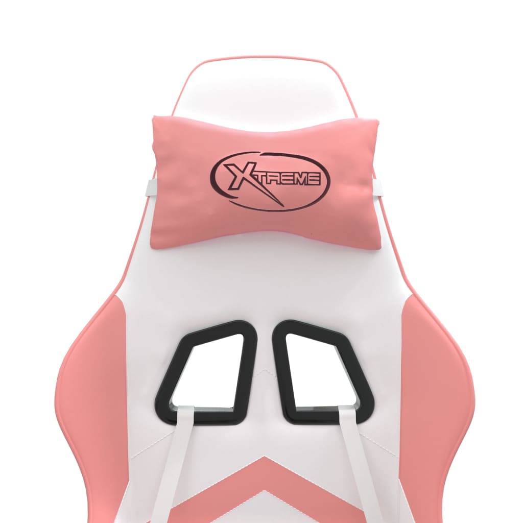 Cadeira gaming giratória c/ apoio pés couro artif. branco/rosa