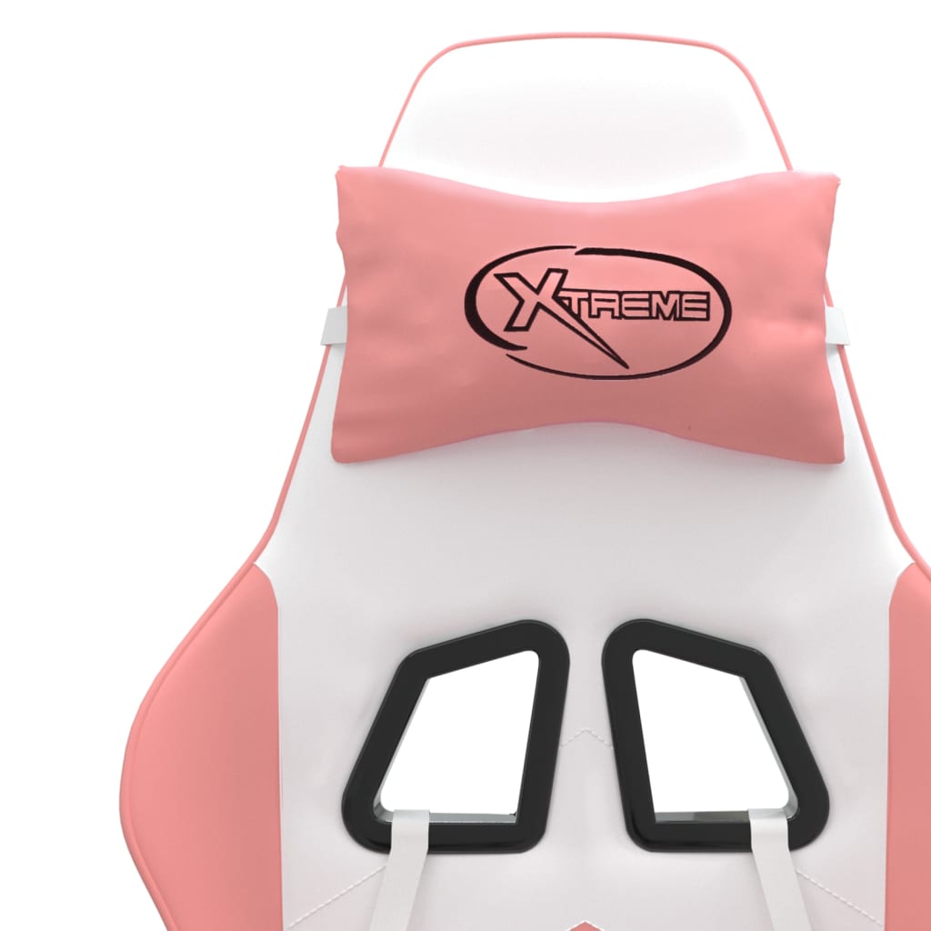 Cadeira gaming giratória c/ apoio pés couro artif. branco/rosa