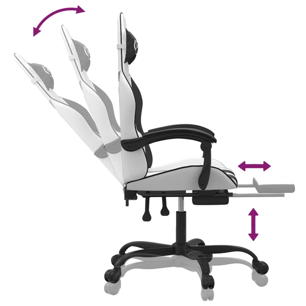 Cadeira gaming giratória c/ apoio pés couro artif. branco/rosa