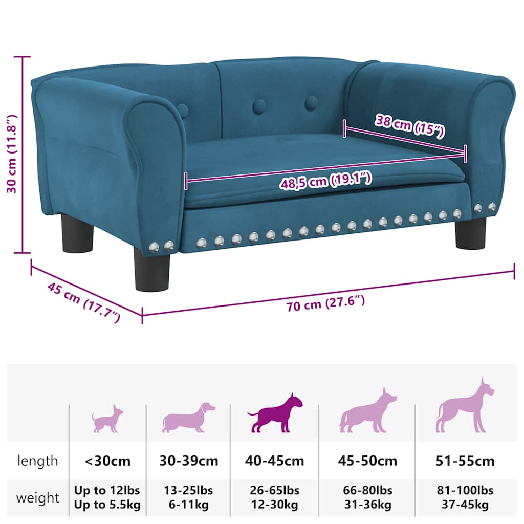 Cama para cães 70x52x30 cm veludo azul