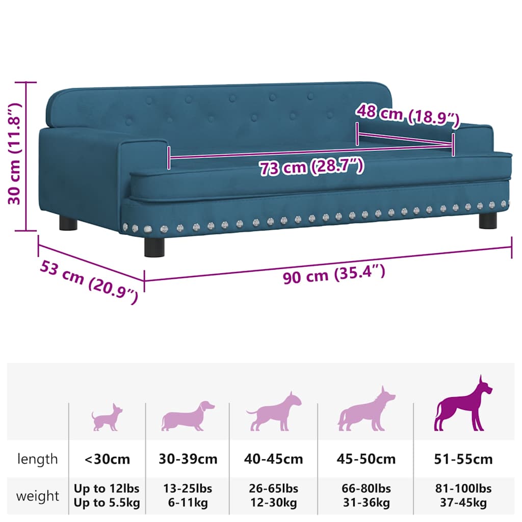 Cama para cães 60x40x30 cm veludo azul