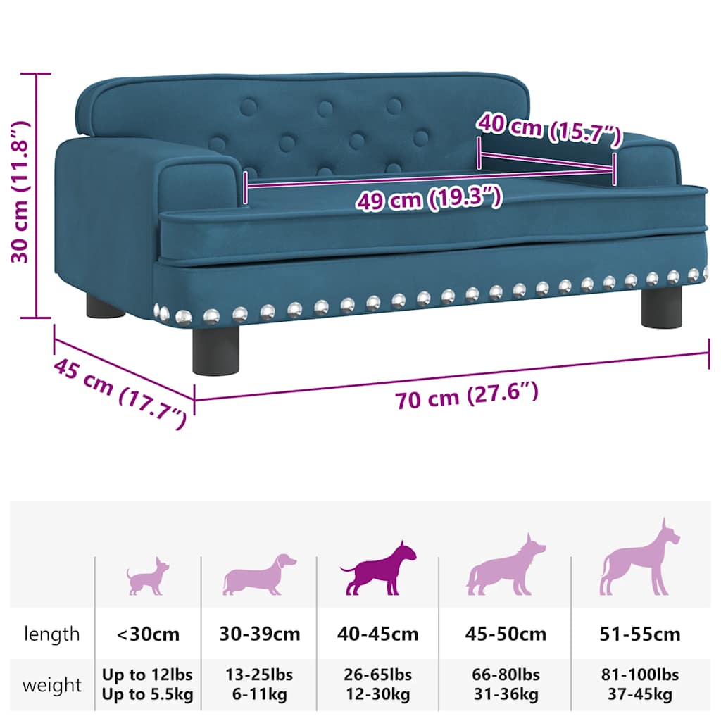 Cama para cães 60x40x30 cm veludo azul