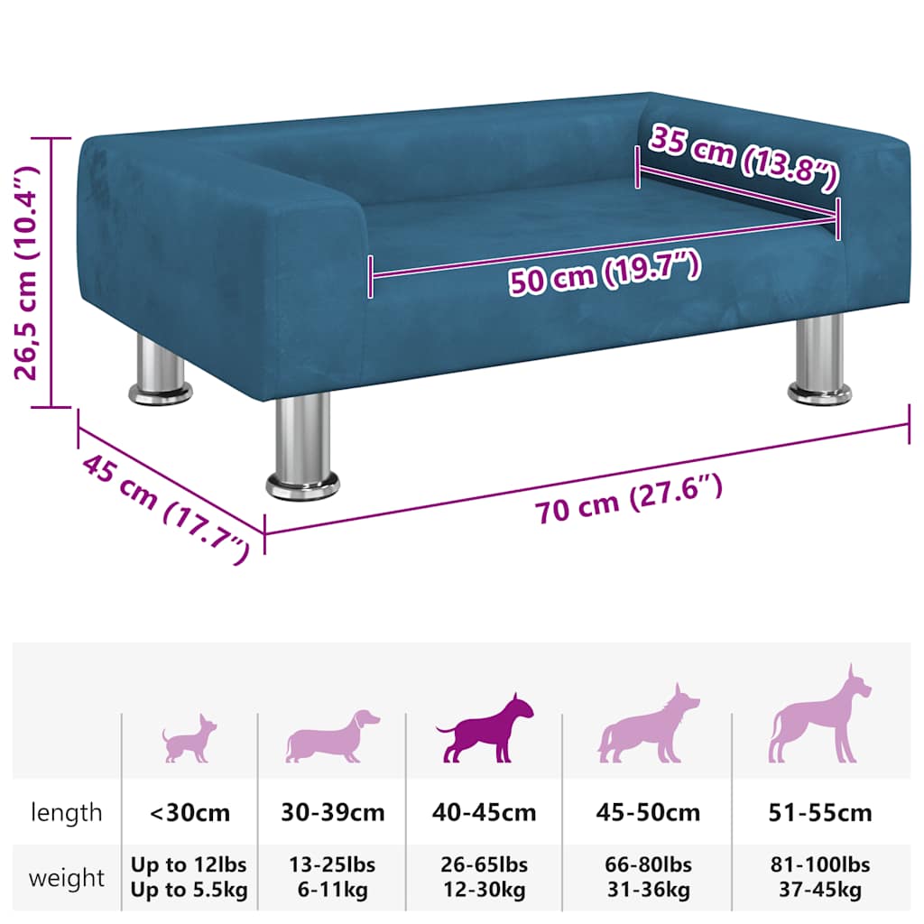 Cama para cães 70x45x26,5 cm veludo azul
