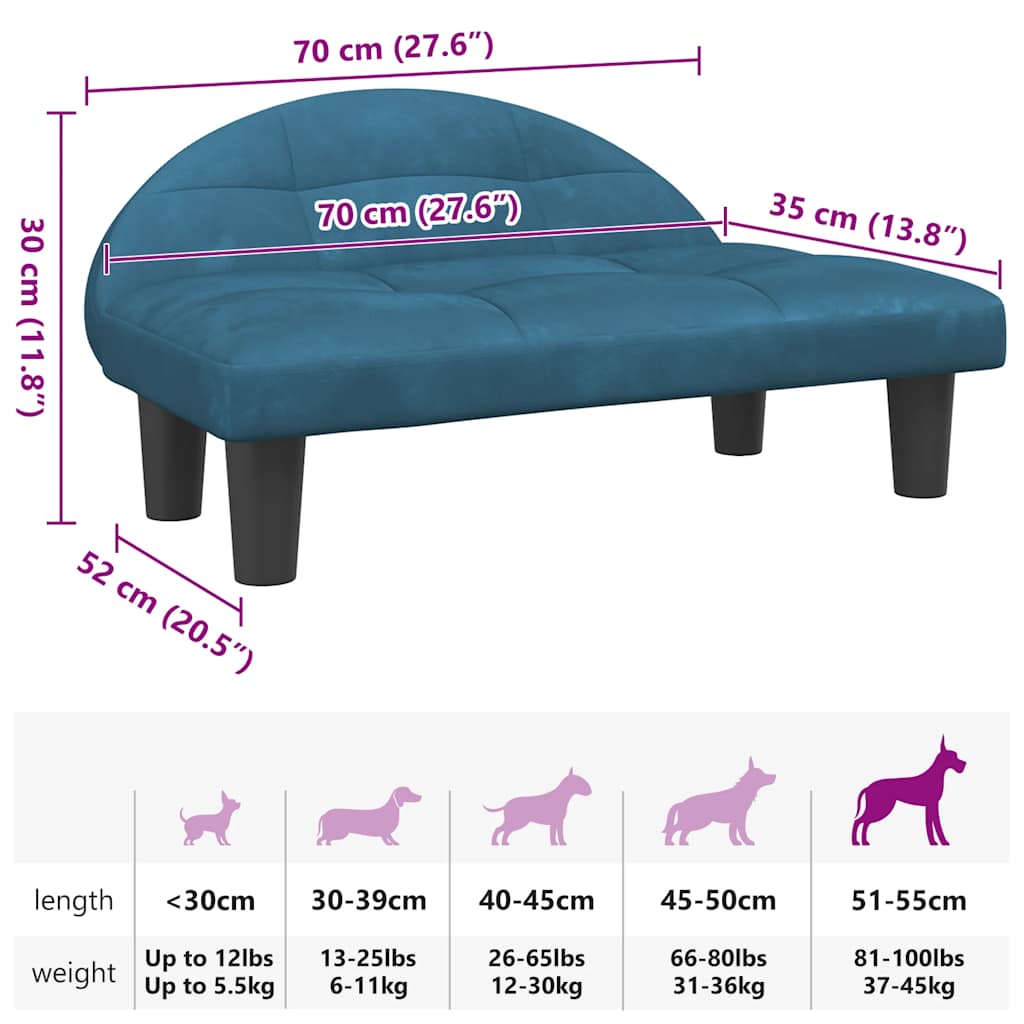 Cama para cães 70x52x30 cm veludo azul