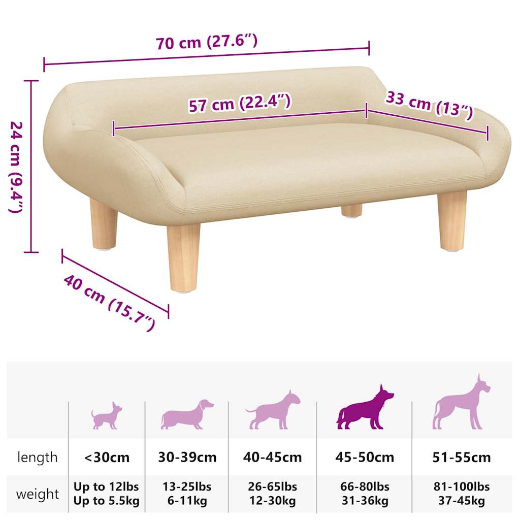 Cama para cães 70x40x24 cm tecido cor creme