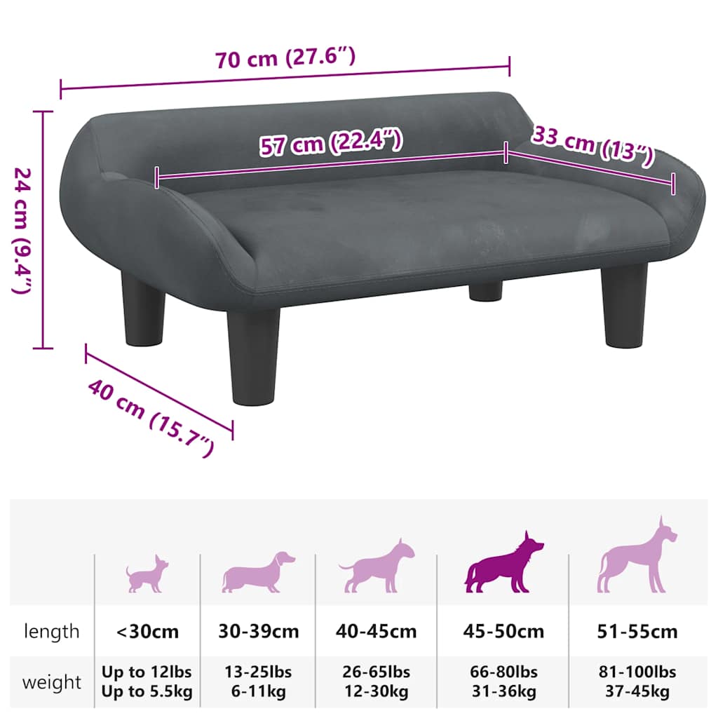 Cama para cães 70x40x24 cm veludo cinzento-escuro