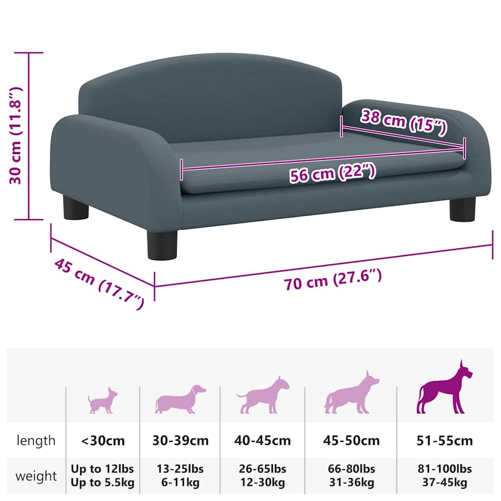 Cama para cães 70x45x30 cm tecido cinzento-escuro