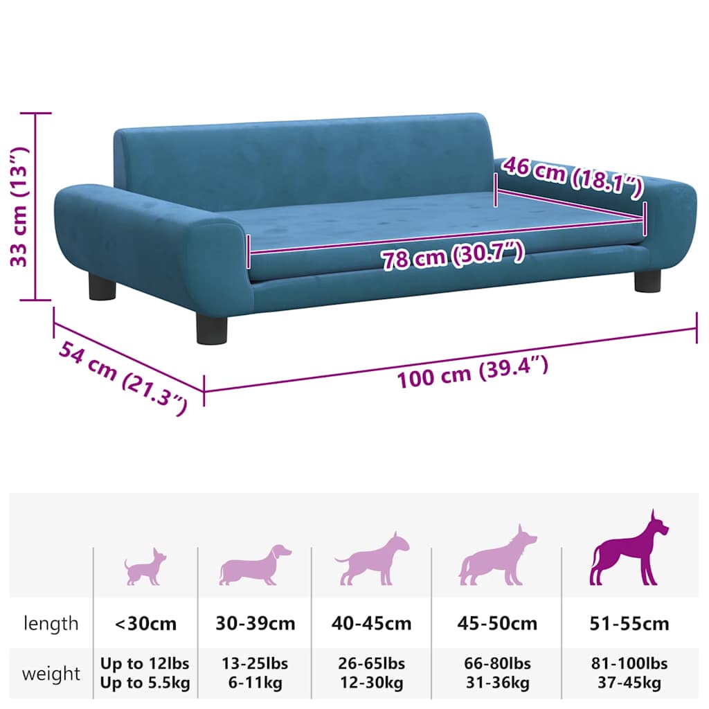 Cama para cães 100x50x21 cm veludo azul