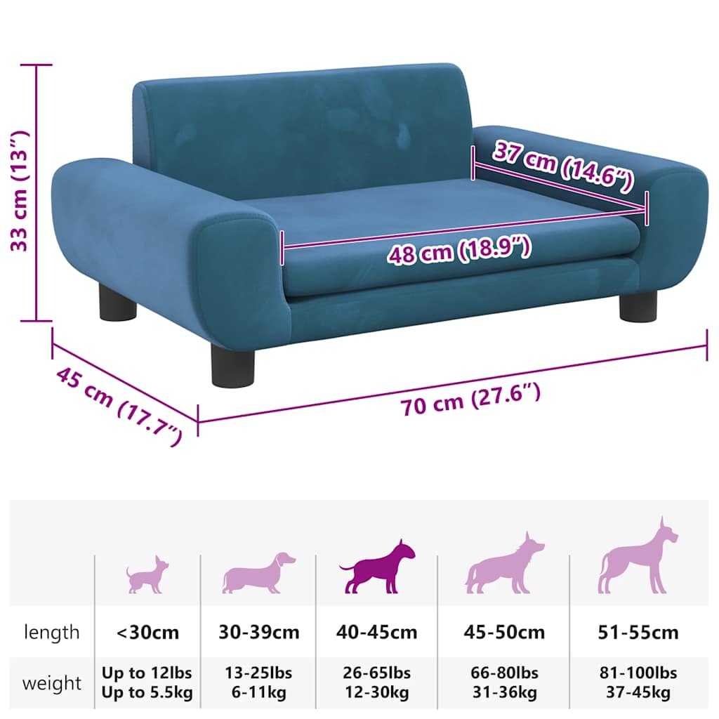 Cama para cães 100x50x21 cm veludo azul