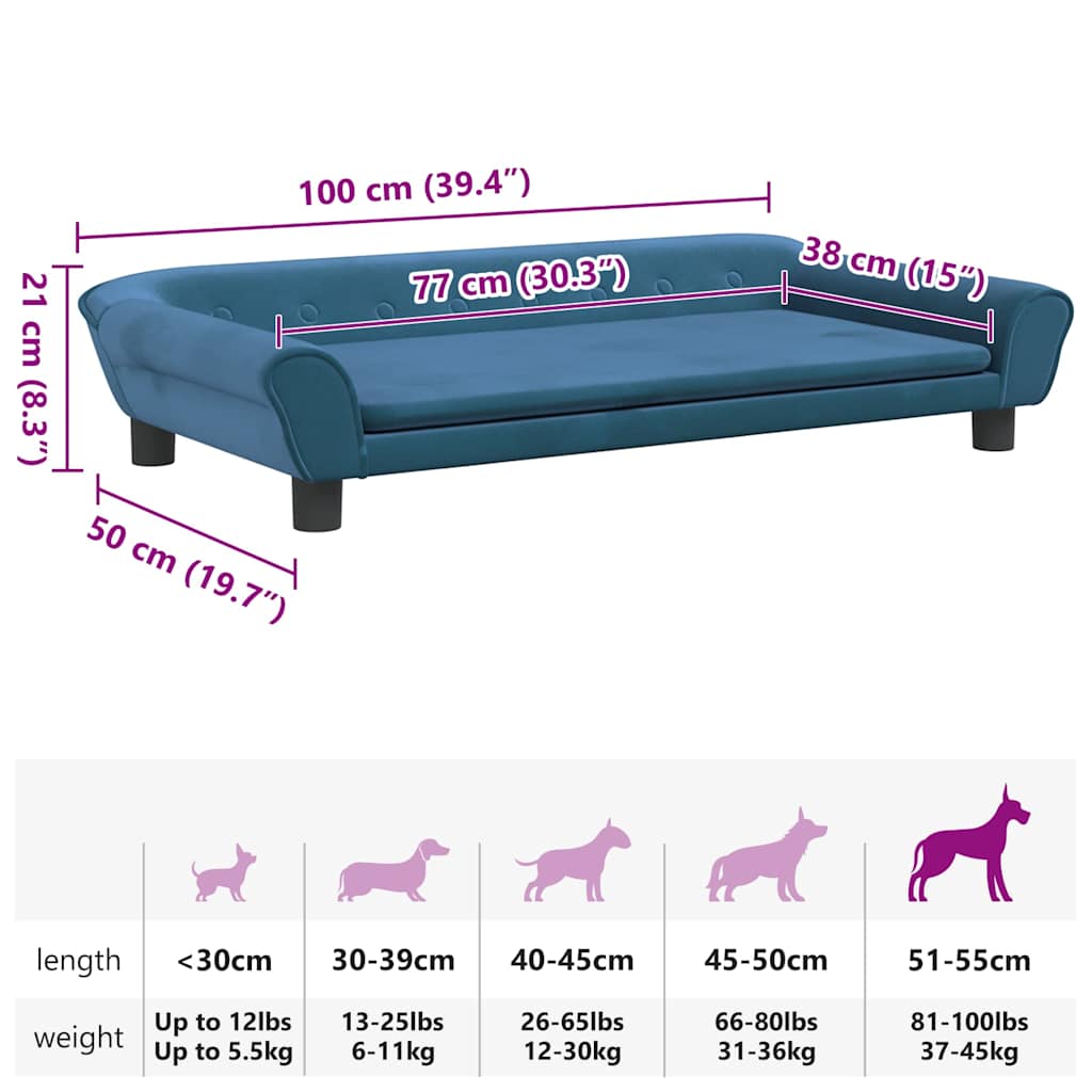Cama para cães 100x50x21 cm veludo azul
