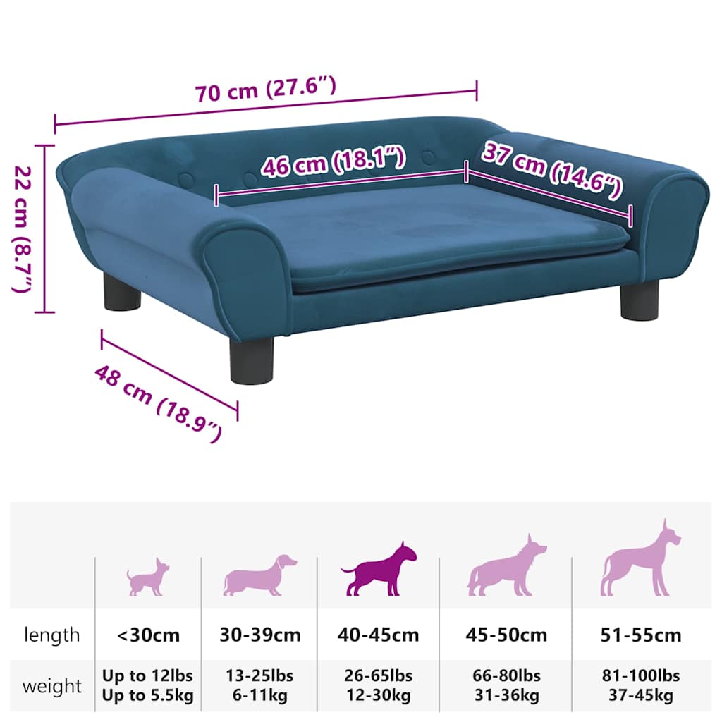 Cama para cães 70x48x22 cm veludo azul