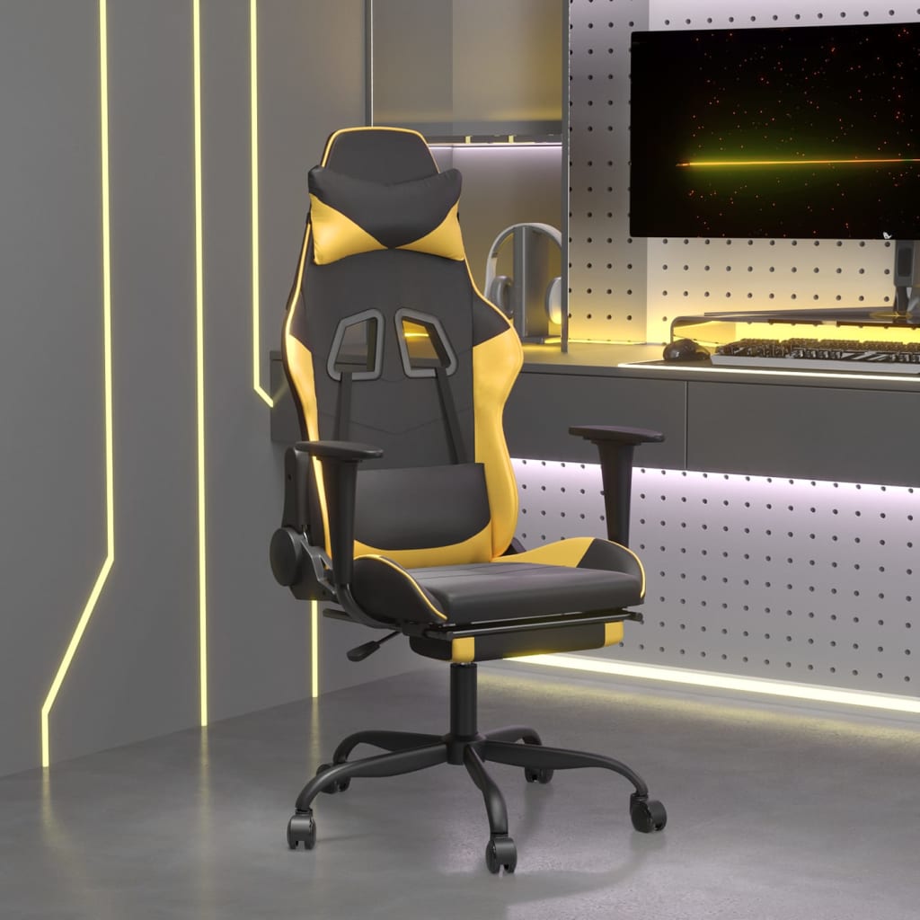 Cadeira gaming c/ apoio para pés couro artificial preto e azul