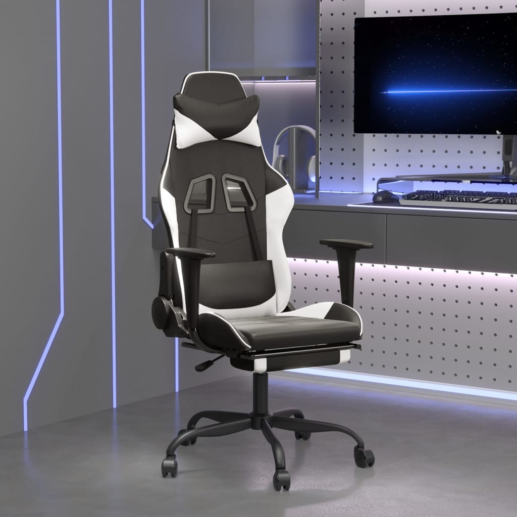 Cadeira gaming c/ apoio para pés couro artificial preto e azul