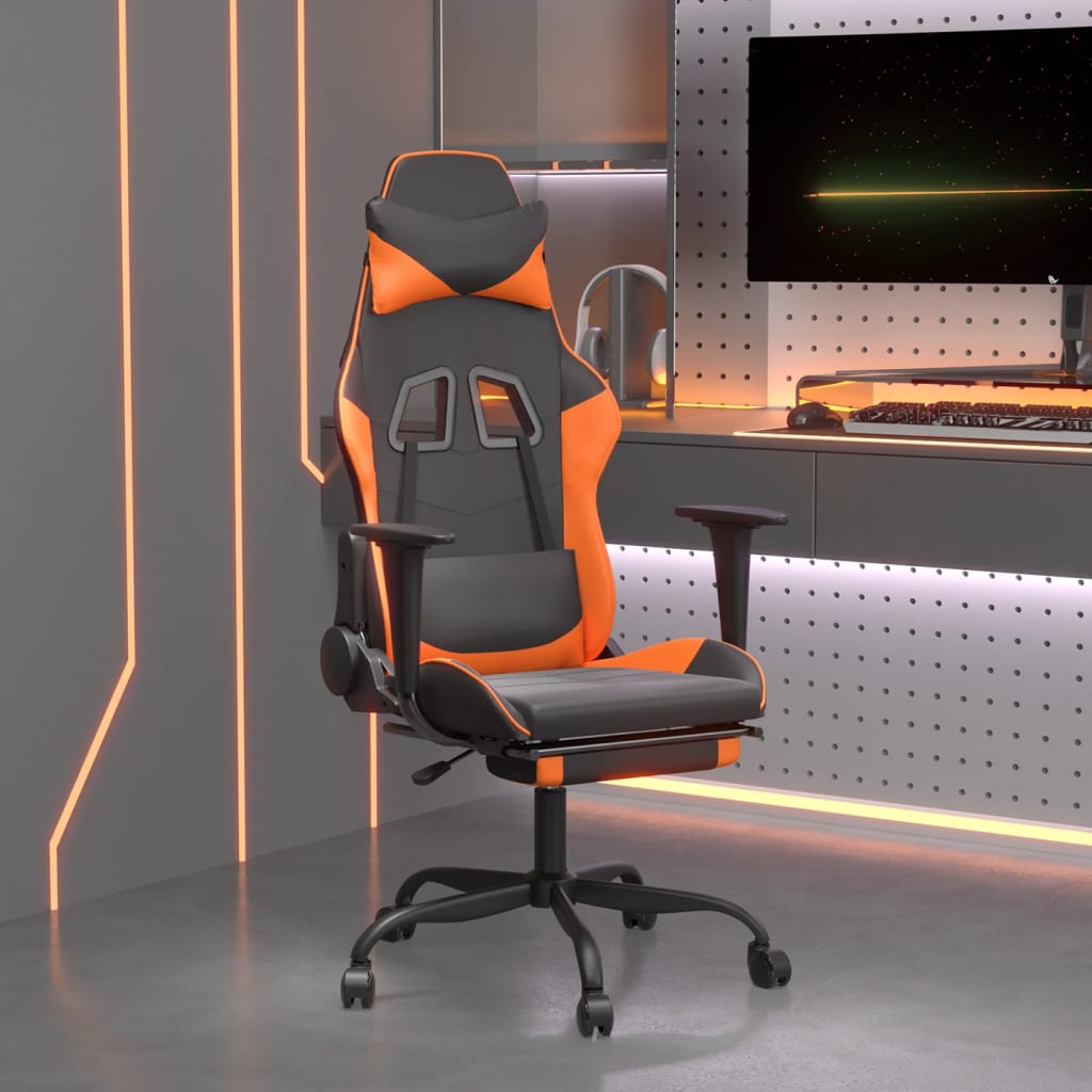 Cadeira gaming c/ apoio para pés couro artificial preto e azul