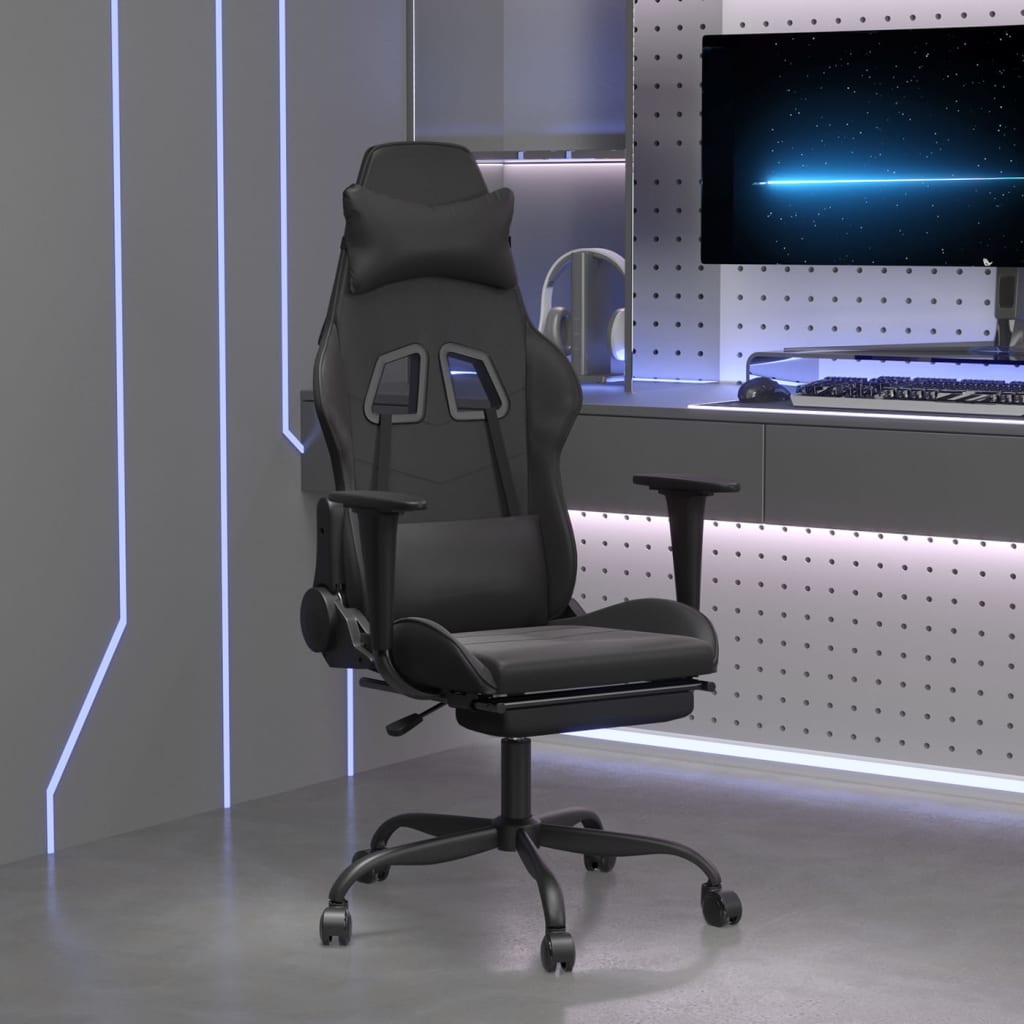Cadeira gaming c/ apoio para pés couro artificial preto e azul