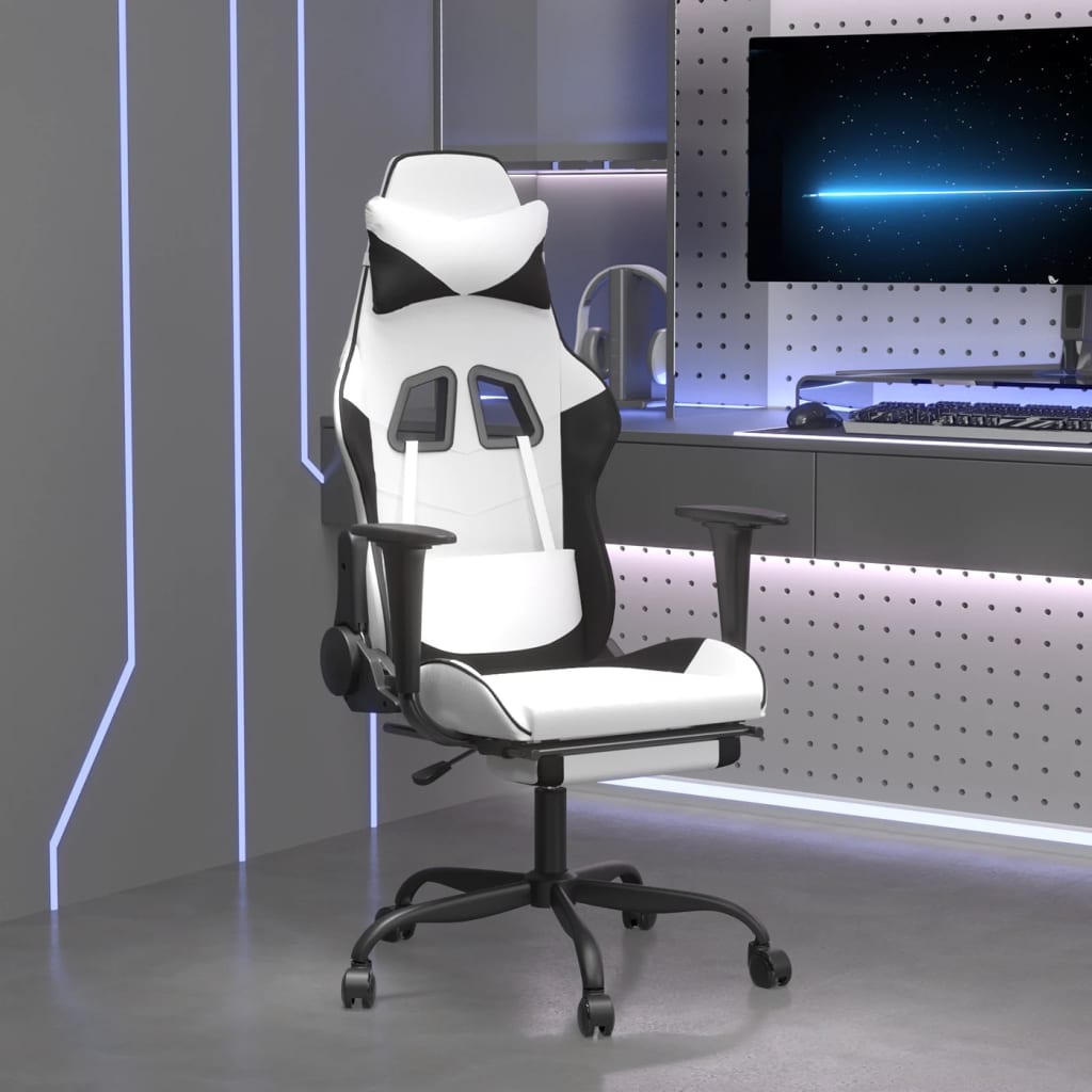 Cadeira gaming c/ apoio para pés couro artificial preto e azul