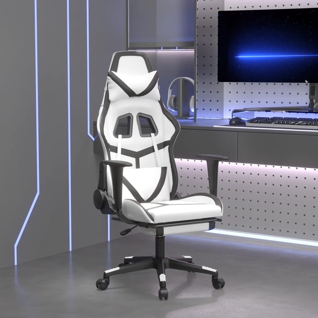 Cadeira gaming c/ apoio para pés couro artificial preto e azul