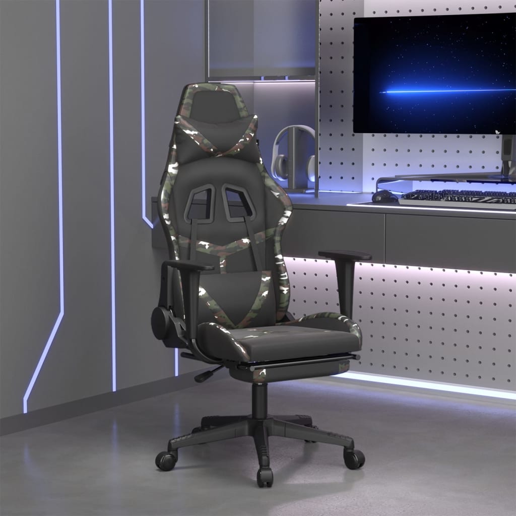 Cadeira gaming c/ apoio para pés couro artificial preto e azul