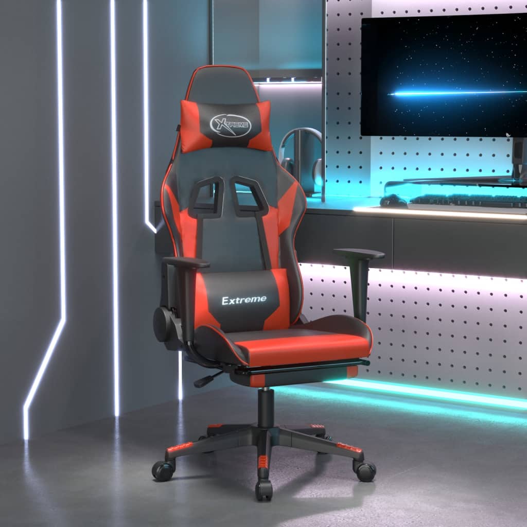 Cadeira gaming c/ apoio para pés couro artificial preto e azul