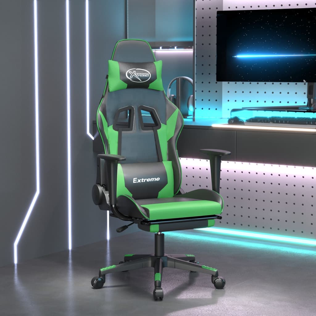 Cadeira gaming c/ apoio para pés couro artificial preto e azul