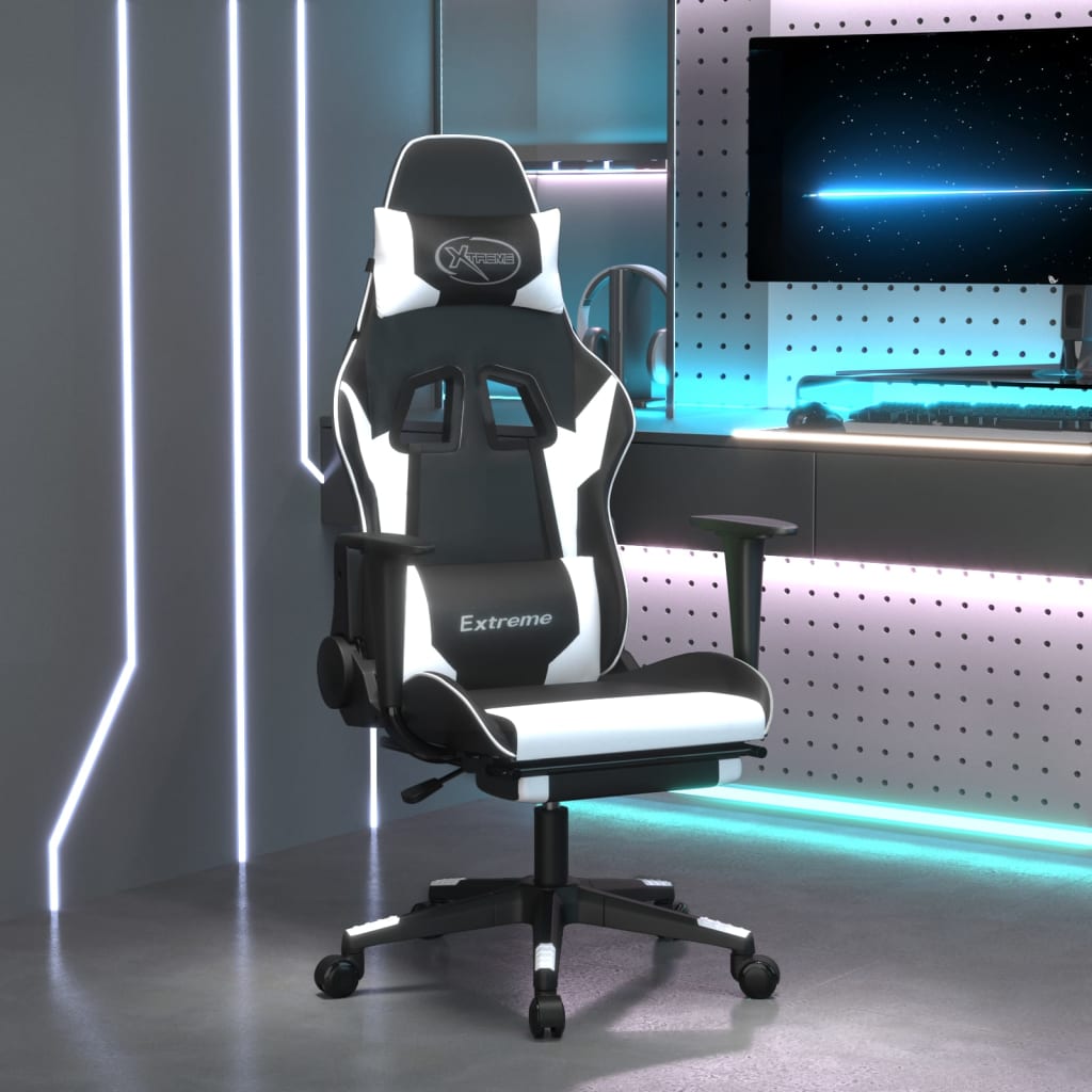 Cadeira gaming c/ apoio para pés couro artificial preto e azul