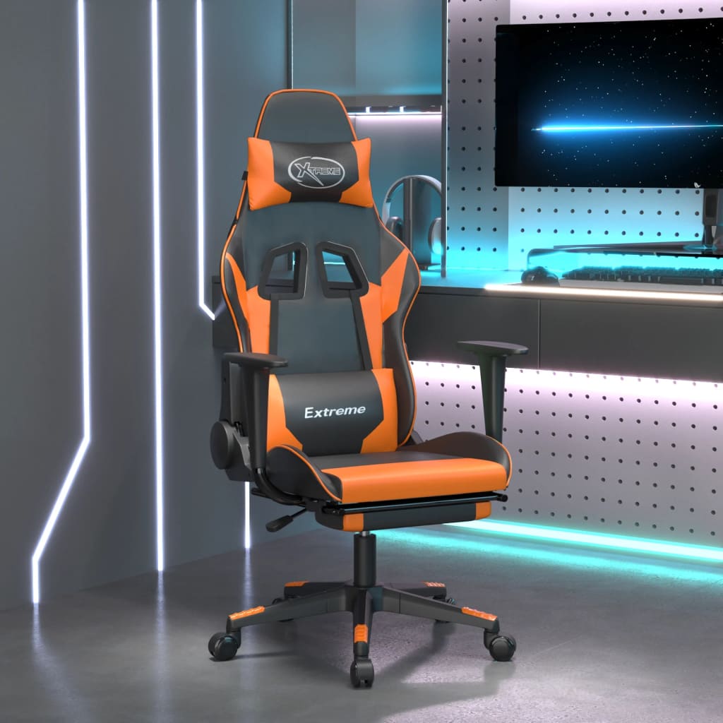 Cadeira gaming c/ apoio para pés couro artificial preto e azul