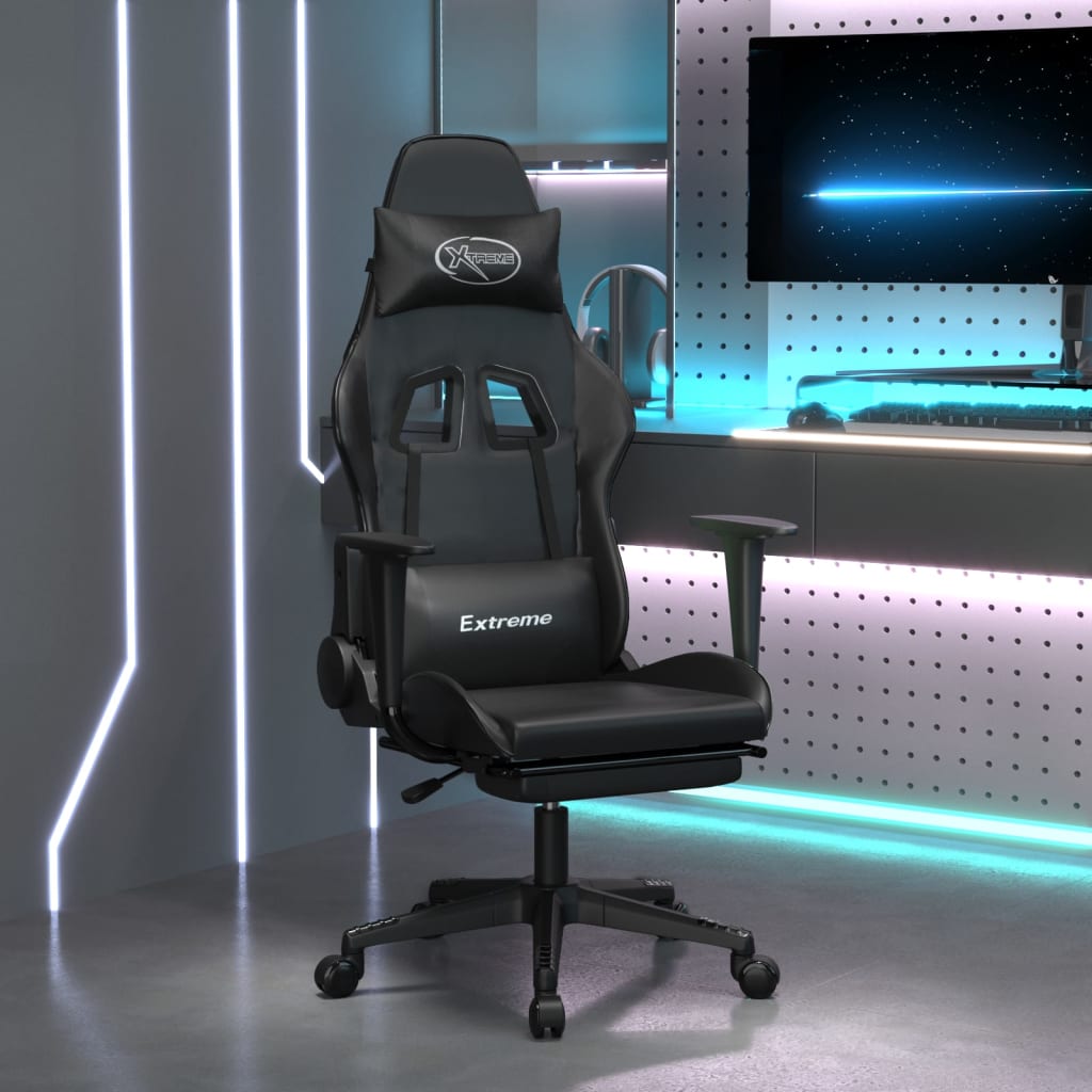 Cadeira gaming c/ apoio para pés couro artificial preto e azul