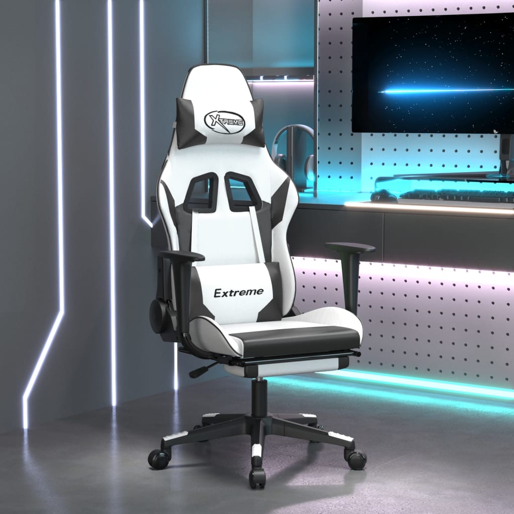 Cadeira gaming c/ apoio para pés couro artificial preto e azul