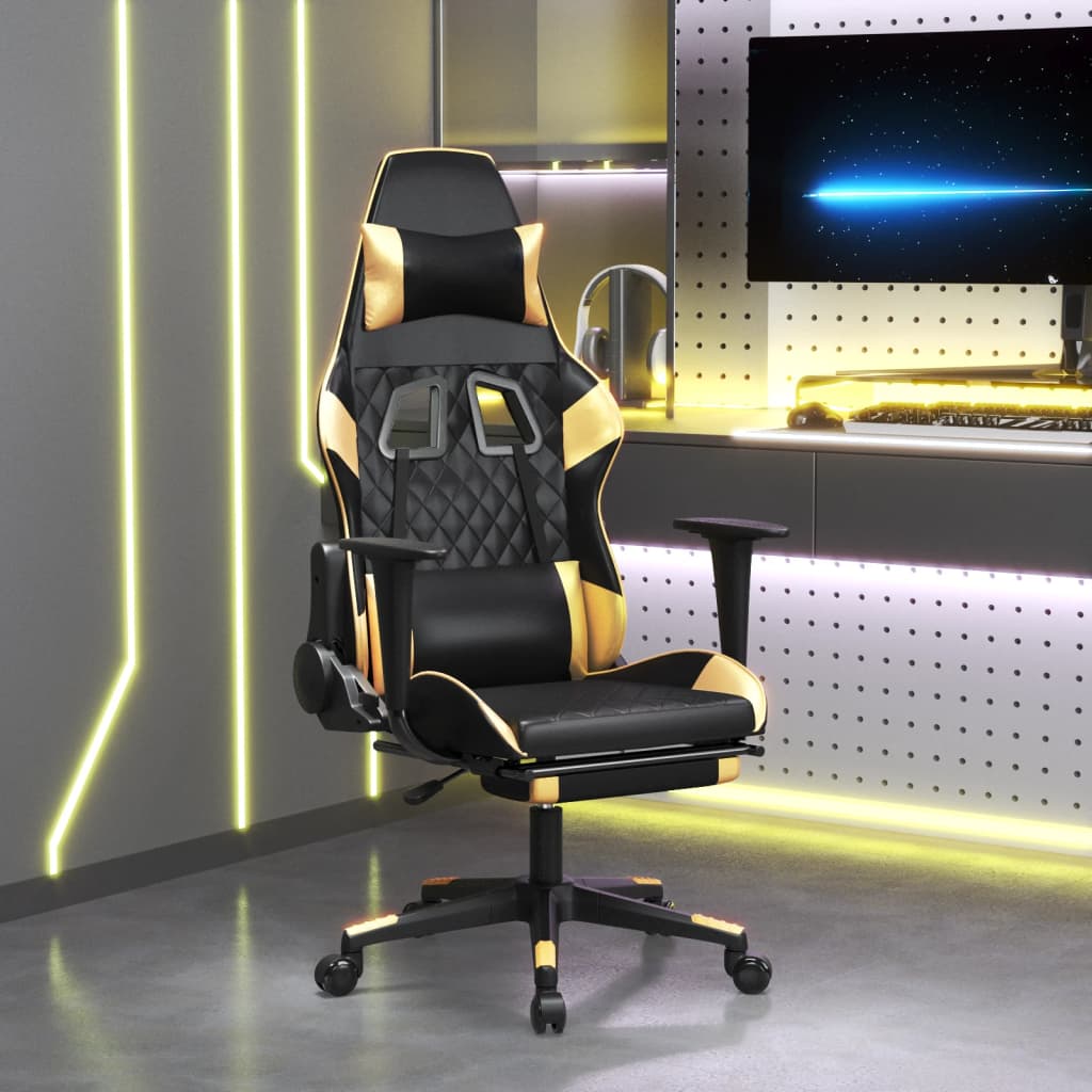 Cadeira gaming c/ apoio para pés couro artificial preto e azul