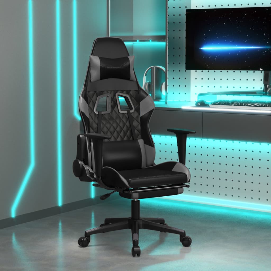 Cadeira gaming c/ apoio para pés couro artificial preto e azul