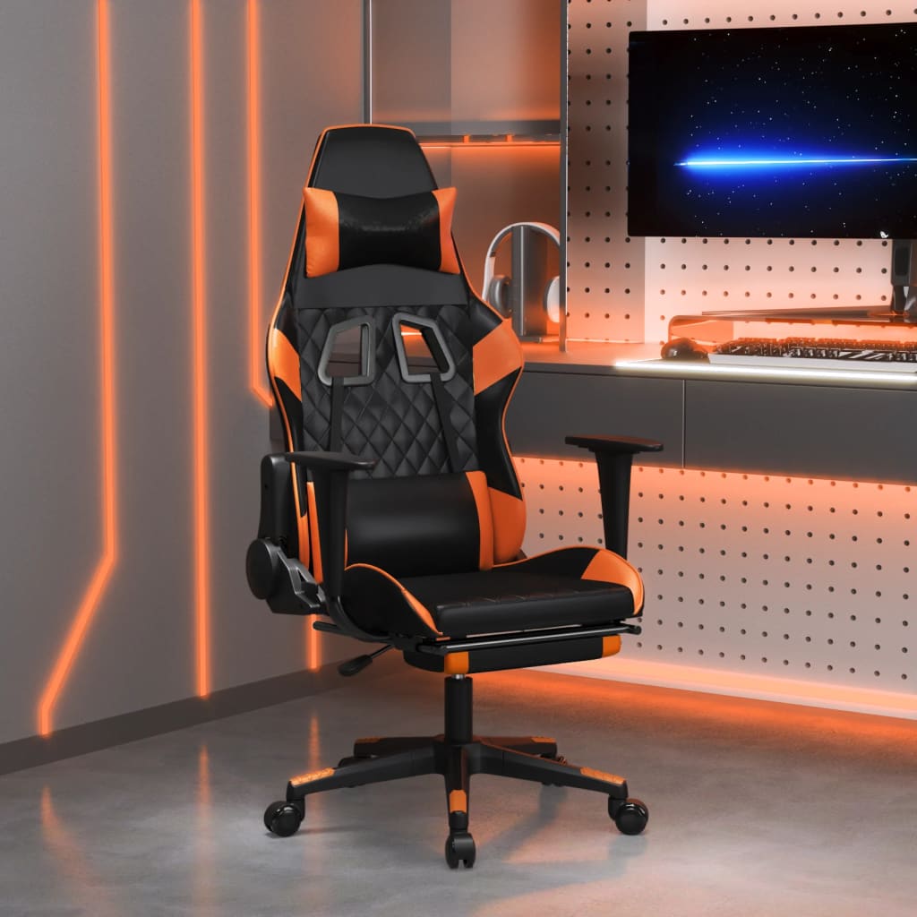 Cadeira gaming c/ apoio para pés couro artificial preto e azul
