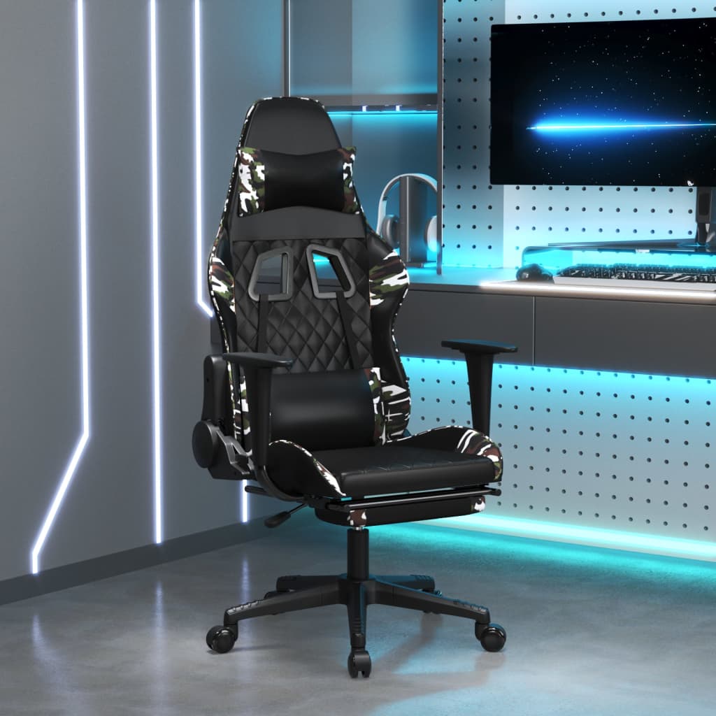 Cadeira gaming c/ apoio para pés couro artificial preto e azul
