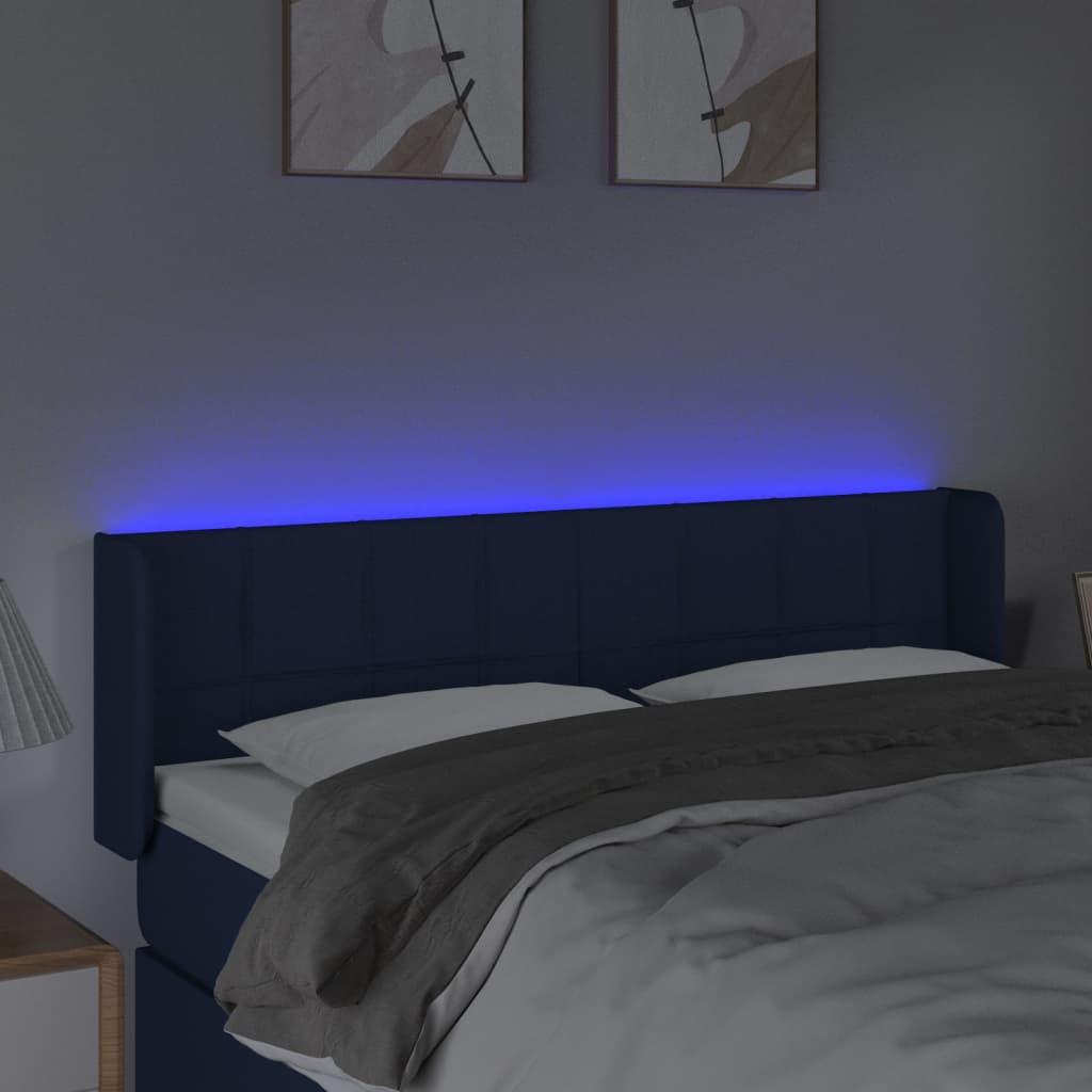 Cabeceira de cama c/ luzes LED tecido 147x16x78/88 cm azul