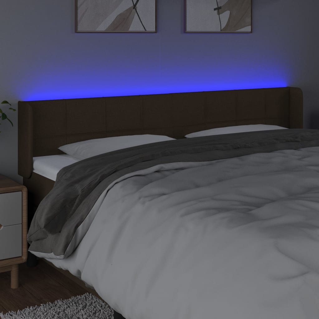 Cabeceira de cama c/ luzes LED tecido 203x16x78/88 cm castanho