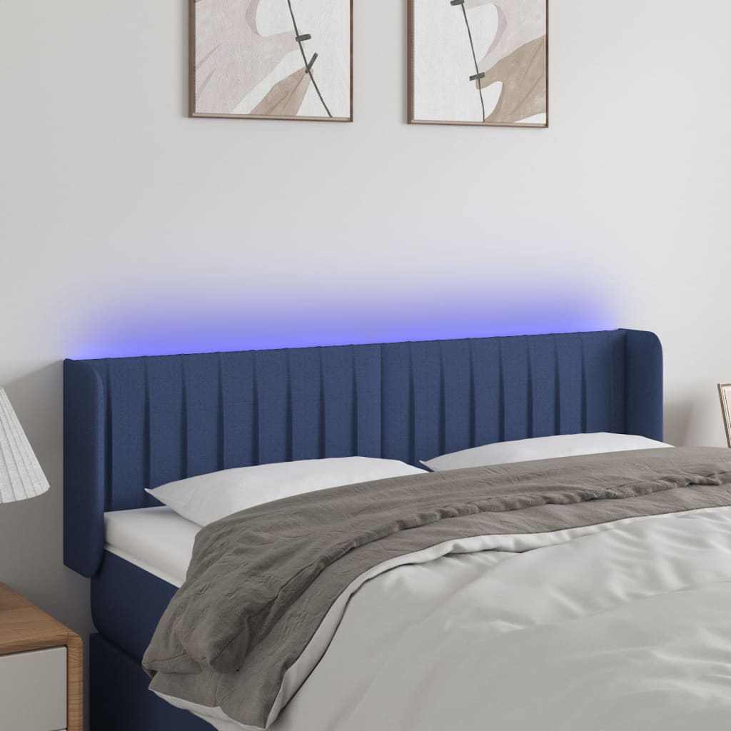 Cabeceira de cama c/ luzes LED tecido 147x16x78/88 cm azul