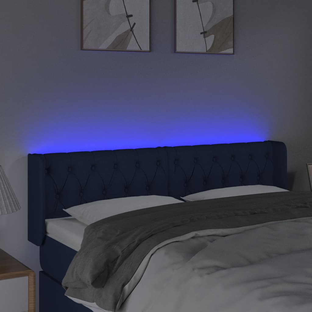 Cabeceira de cama c/ luzes LED tecido 147x16x78/88 cm azul
